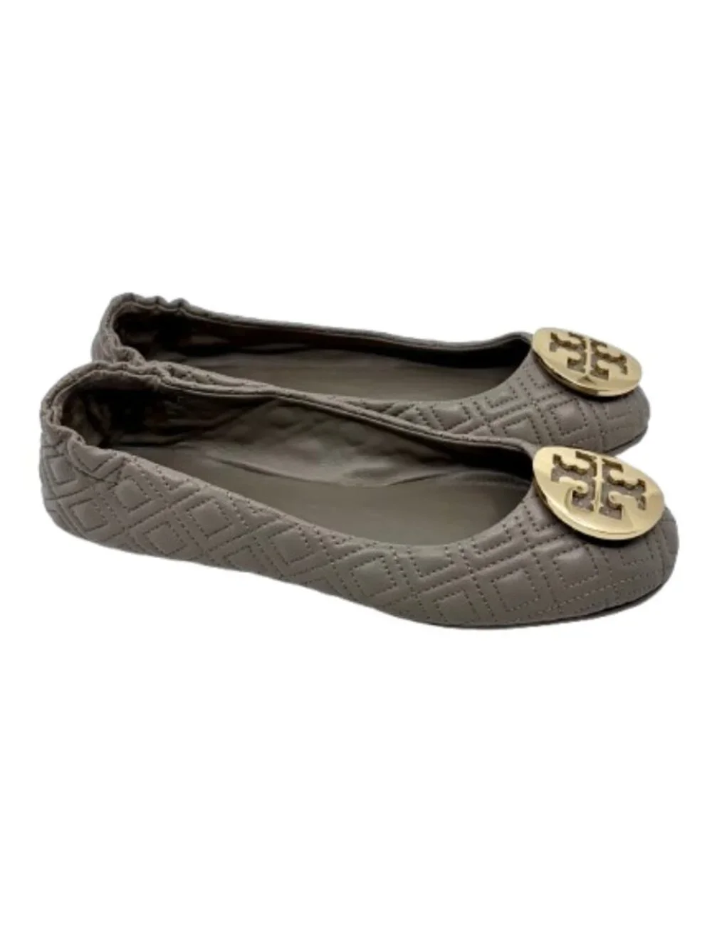 TORY BURCH~Minnie Quilted~TRAVEL BALLET FLAT~GRAY TAUPE LEATHER SZ 7.5 NEAR NEW